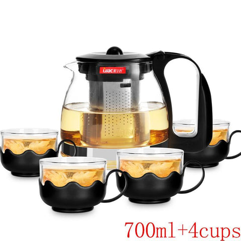 Glass Teapot 700ML Heat Resistant Glass Tea Set + Filter Tea Pot+4*Tea Cups 150ml Teapot Chinese Pot Kettle