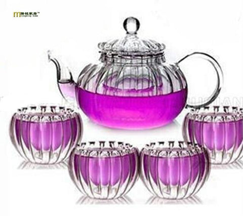 5pcs/lot pumpkin shape heat resistant glass teapot 1pc 600ml pot+4pc 50ml double glass tea cup hot selling JO 1052