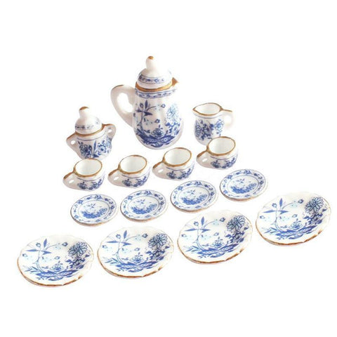 Cute Mini 15PCS 1/12 Dollhouse Miniature Dining Blue Floral Ceramic Tea Set Pot Cup Plate DIY Ornament Best Gift