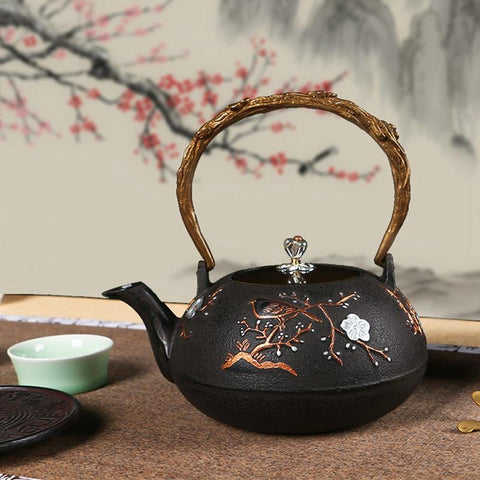 Chinese Cast Iron Tea Pot Tetsubin Kettle Enamel Teapot Floral Half Handmade Kung Fu Tea Pot Boiling Kettle Infuser Tea Strainer