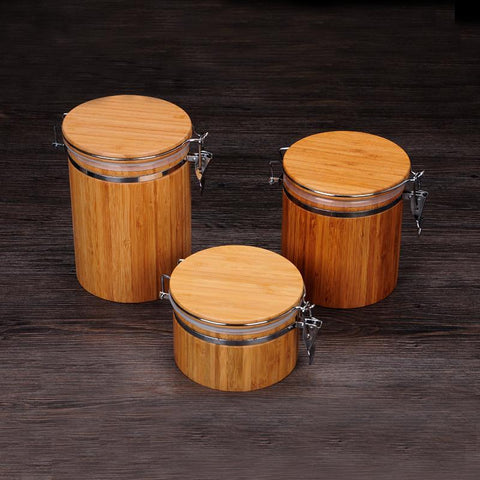 Natural Bamboo Cover Sealed Storage Box Cans Seal Pot Jars wooden sugar tea spices box containers salt and pepper 3size