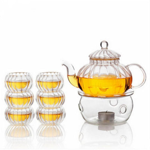 600ml Double Wall Glass Tea Pot Heat Resistant Pumpkin Glass Tea Pot Set Infuser Teapot+Warmer+ 6 Tea Cups Coffee Kettle Gift