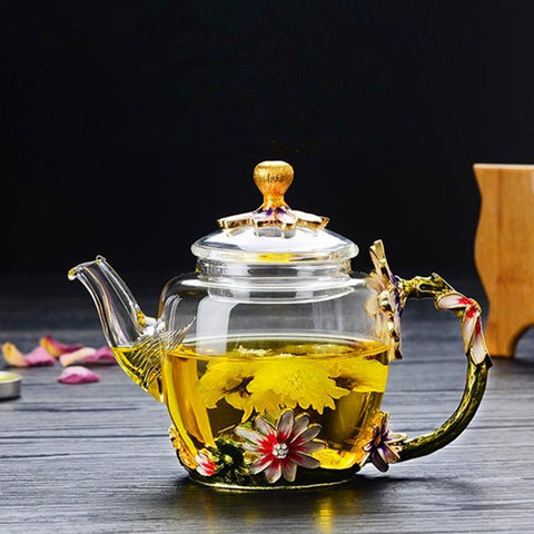 Enamel Glass Teapot Luxury Crystal Glass Flower Tea Pot High-Grade Heat-Resistant Glass Single Tea Pot  280ml
