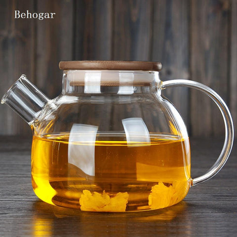 Behogar 1000ml Glass Teapot High Temperature Resistant Flower Tea Pot Water Milk Coffe Bottle Pot with Bamboo Lid Can Be Heated