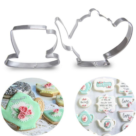 2Pcs/set Stainless Steel Tea Cup and Tea Pot Shape Cookie Cutter DIY Biscuit Stamps Baking Tools 10