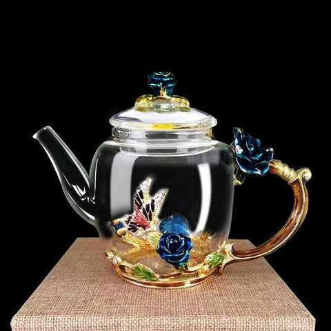 Enamel Glass Teapot Luxury Rose Crystal Glass Flower Tea Pot High-Grade Heat-Resistant Glass Tea Pot Valentine's Day Gift 280ml