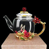 Enamel Glass Teapot Luxury Rose Crystal Glass Flower Tea Pot High-Grade Heat-Resistant Glass Tea Pot Valentine's Day Gift 280ml