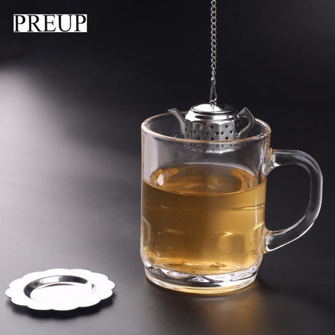 PREUP High Quality Teapot Pot Shape Stainless Steel Leaf Tea Infuser Filter Strainer Spice Drink Strainer Herbal Filter+Tray