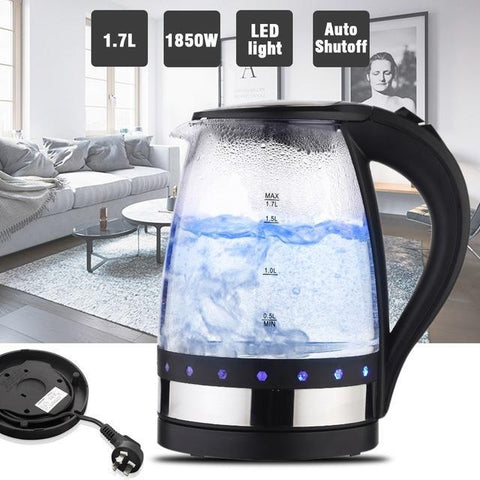 Black/White 1.7L Electric Kettle Cordless 1850W Ultra Fast Boiling Auto Shut-off Glass Tea Pot With LED Boil-Dry Protection